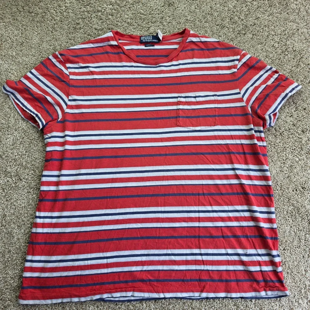 Polo Ralph Lauren Shirt Mens Large Red Navy Blue Classic Fit Striped Pocket